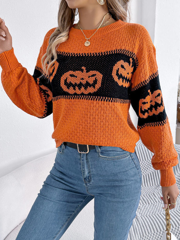 Halloween Pumpkin Head Color-Block Crew Neck Knit Sweater