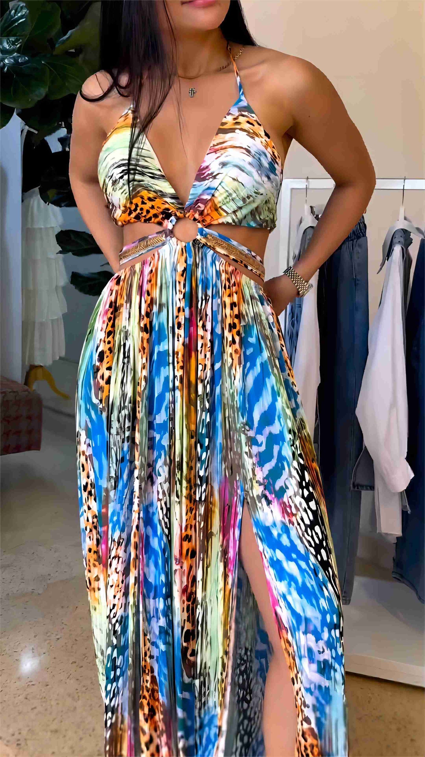 Animal Print Tie Back Maxi Dress