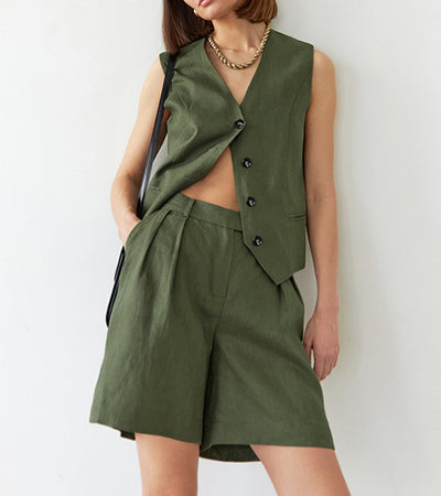 Green Waistcoat Wide-leg Pants Two-piece Set