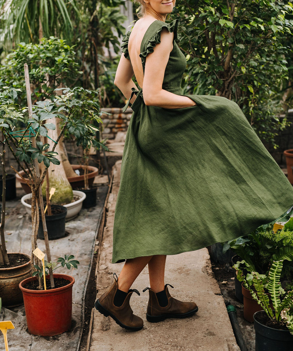 Backless Ruffled Sleeves Linen Dress