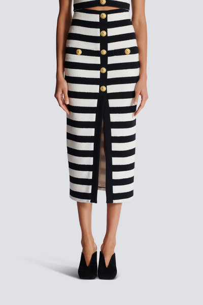 Alizey Off Shoulder Slit Striped Buttoned Skirt Set