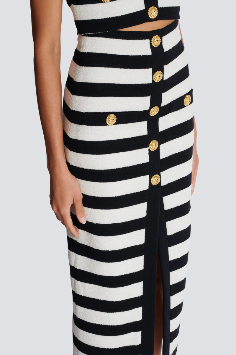 Alizey Off Shoulder Slit Striped Buttoned Skirt Set