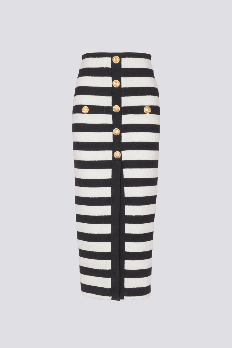 Alizey Off Shoulder Slit Striped Buttoned Skirt Set