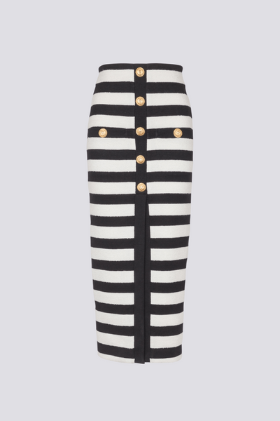 Alizey Off Shoulder Slit Striped Buttoned Skirt Set