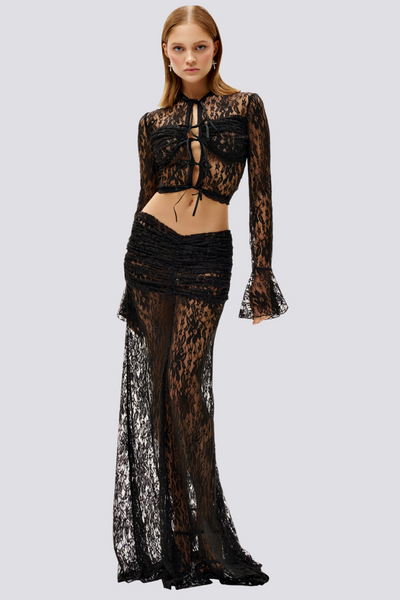 Calixte Long Sleeve Lace Ruched Skirt Set In Black