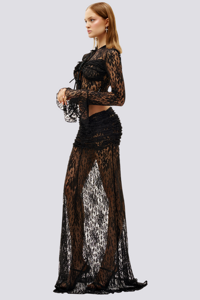 Calixte Long Sleeve Lace Ruched Skirt Set In Black