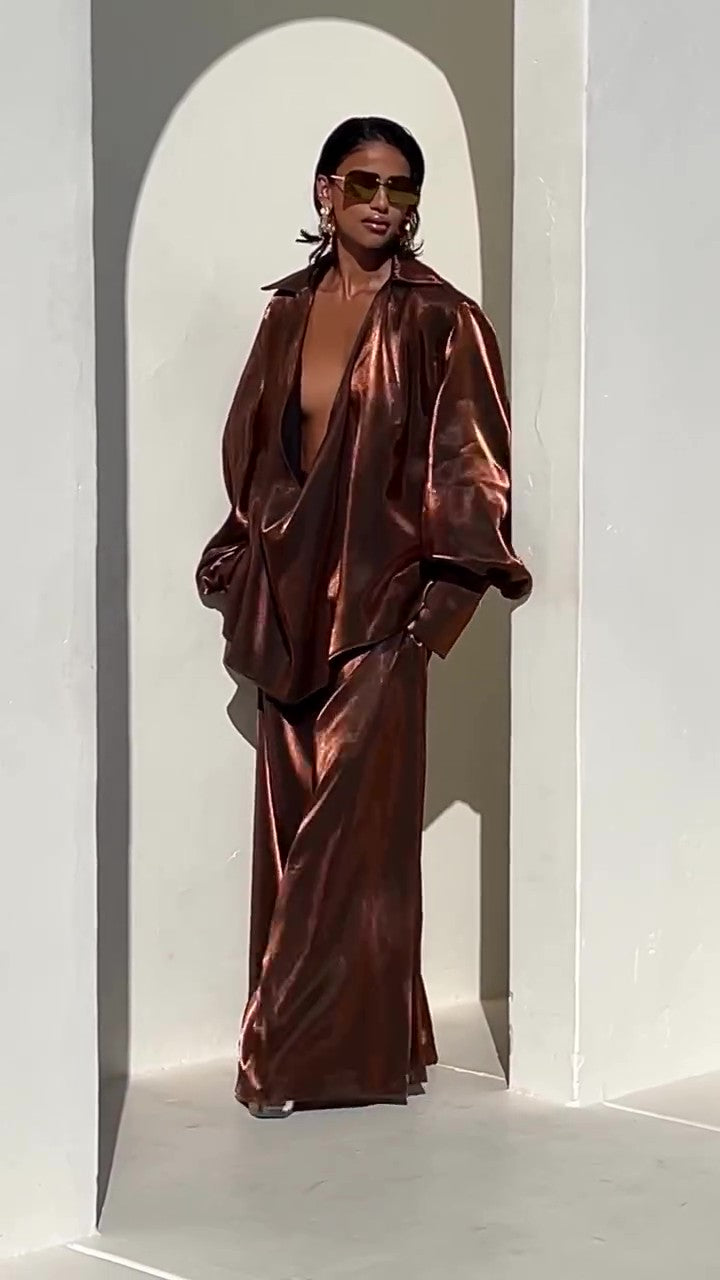 Deep VNeck Shirt wide Leg Pants Set