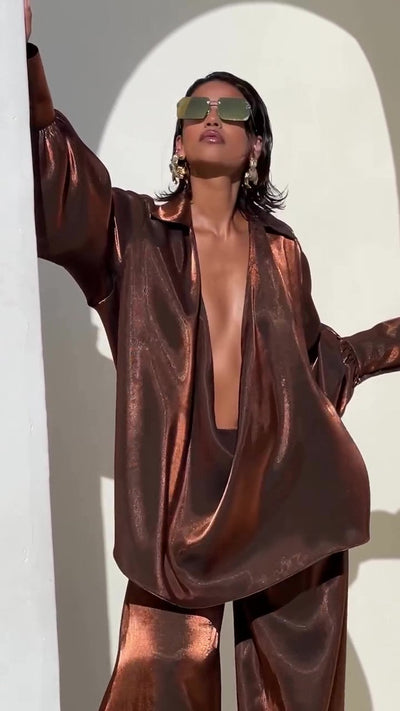 Deep VNeck Shirt wide Leg Pants Set