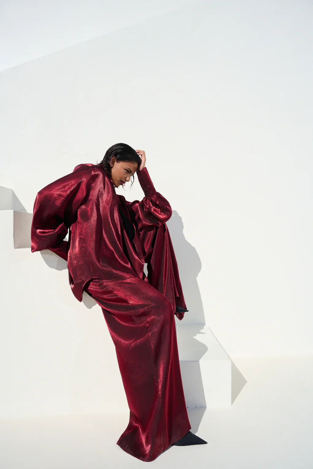 Deep VNeck Shirt wide Leg Pants Set