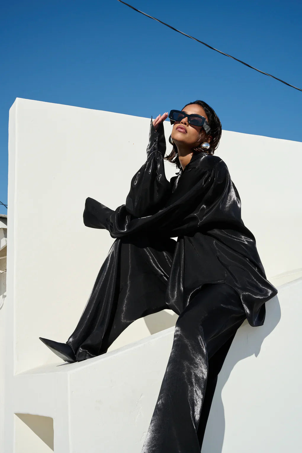 Deep VNeck Shirt wide Leg Pants Set