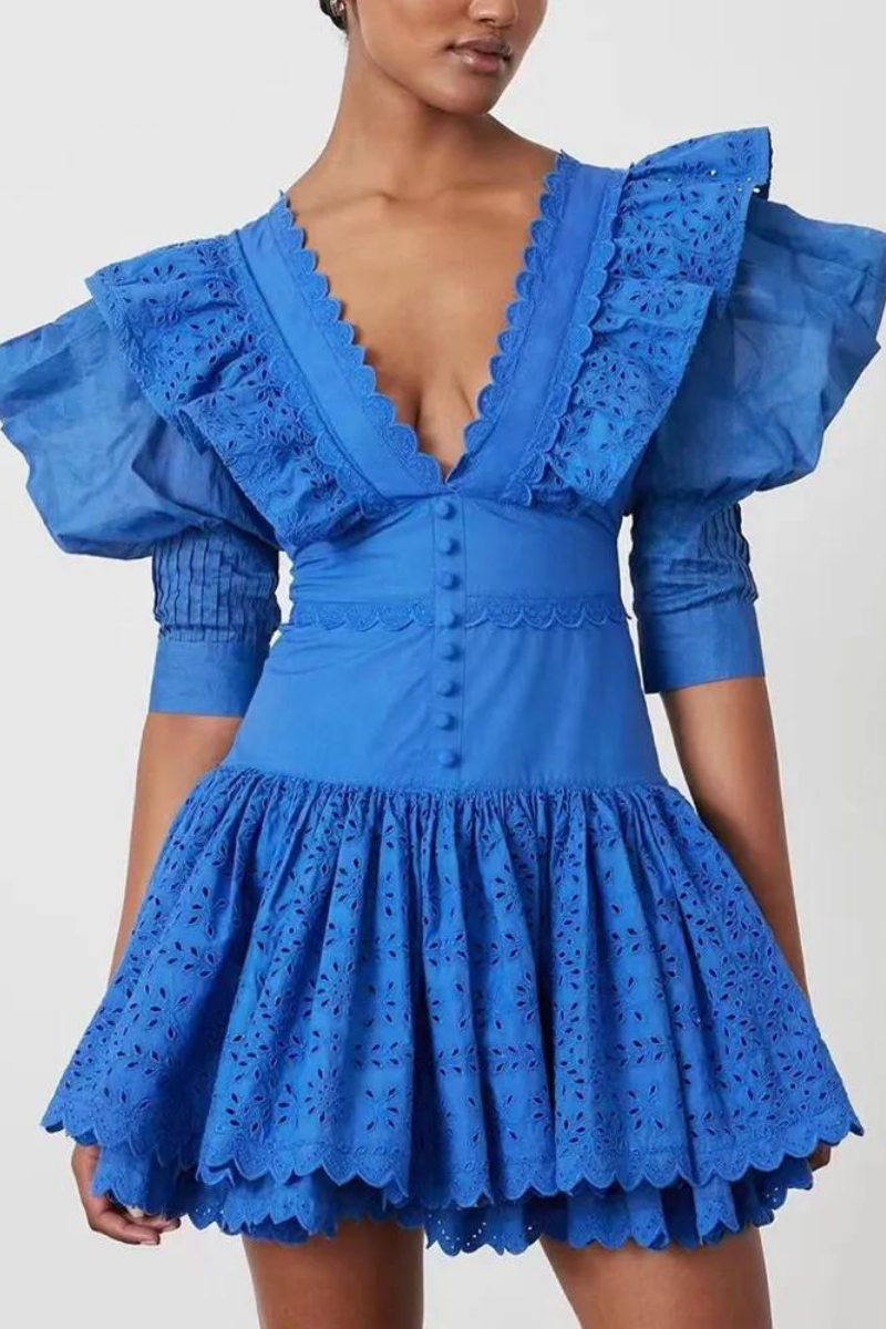 Éloïse Ruffle Plunge Neck Backless Mini Dress