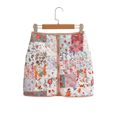 Patchwork Flower Print Front Zipper Quilted Skirt