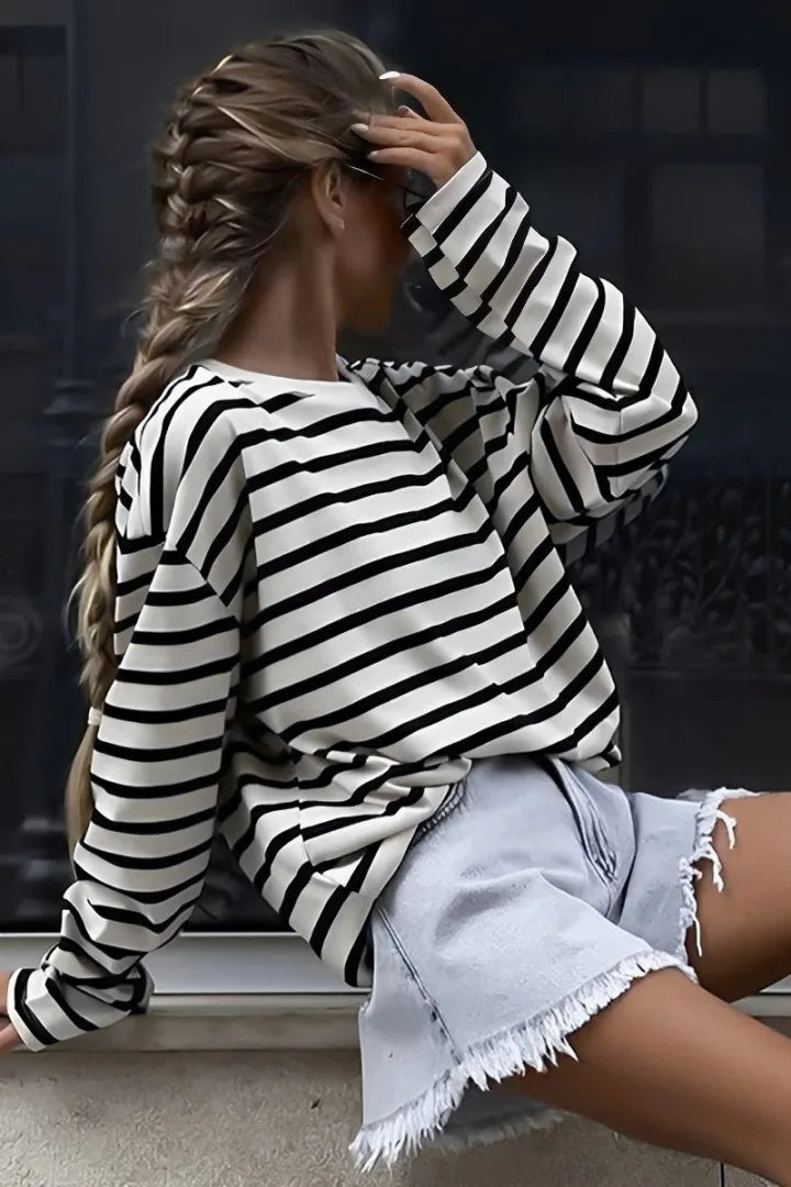 Round Neck Shirt Black Stripe Blouse