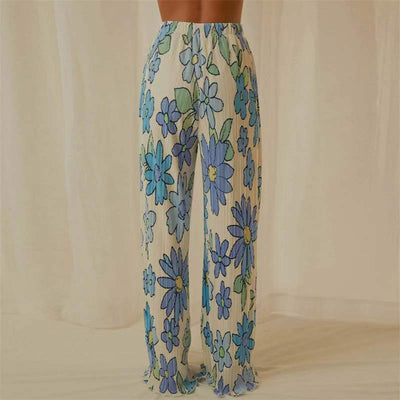 Pleated Printed Lapel Long-sleeved Shirt Pants Set