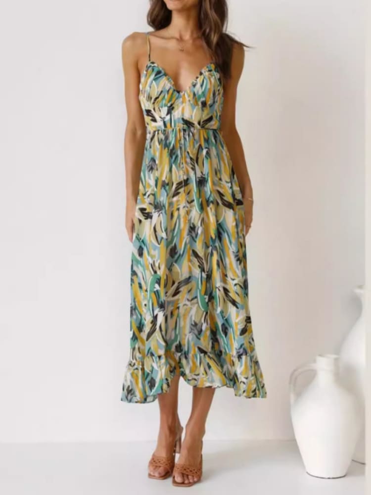 Floral Ruffle-Trim Midi Tank Dress