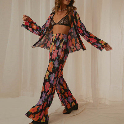 Pleated Printed Lapel Long-sleeved Shirt Pants Set