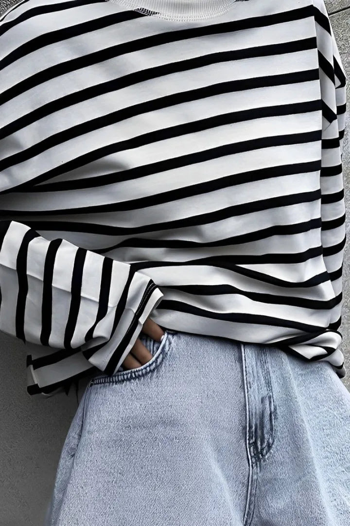 Round Neck Shirt Black Stripe Blouse