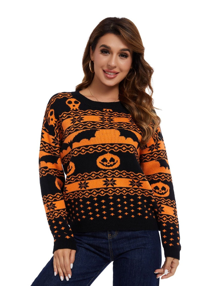 Halloween Pumpkin Pattern Round Neck Knitted Sweater