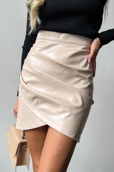 Faux Leather Wrap Ruched High Waisted Mini Skirt