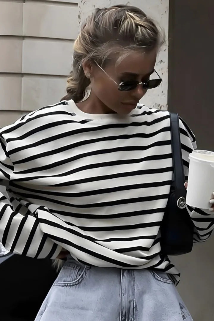 Round Neck Shirt Black Stripe Blouse