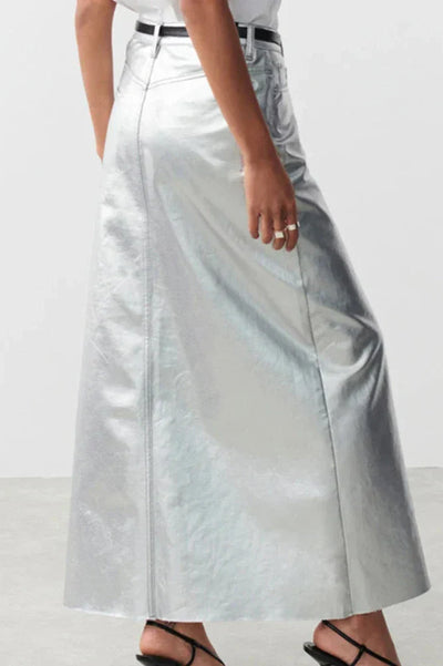 Silver High Waist Pencil Maxi Skirt