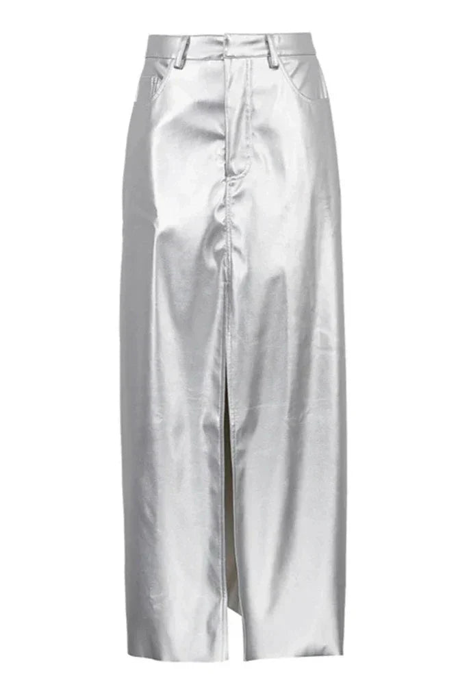 Silver High Waist Pencil Maxi Skirt