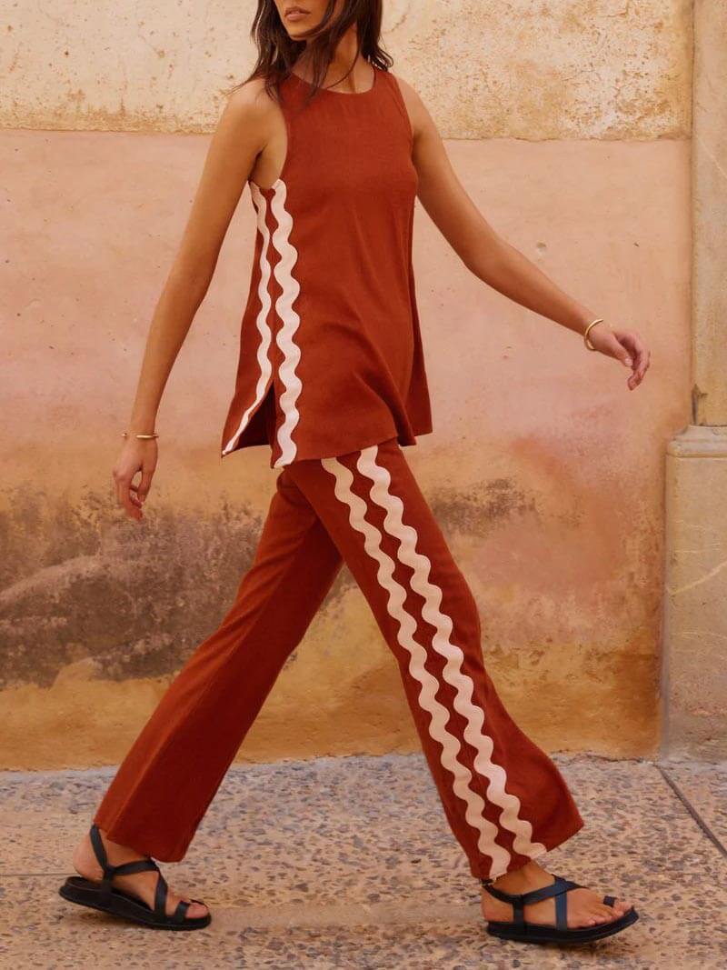 Sleeveless Loose Slit Top And Wide-Leg Pants Set