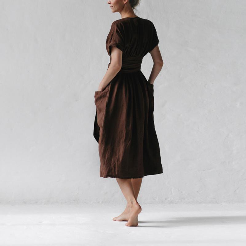 Women's Fashion V Neck Belt High Waist Short Sleeves Cotton- Linen Dress