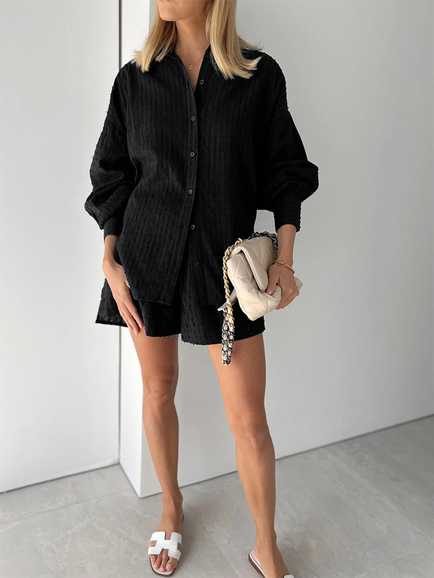 Jacquard Bubble Sleeves Shirt & Shorts Suits