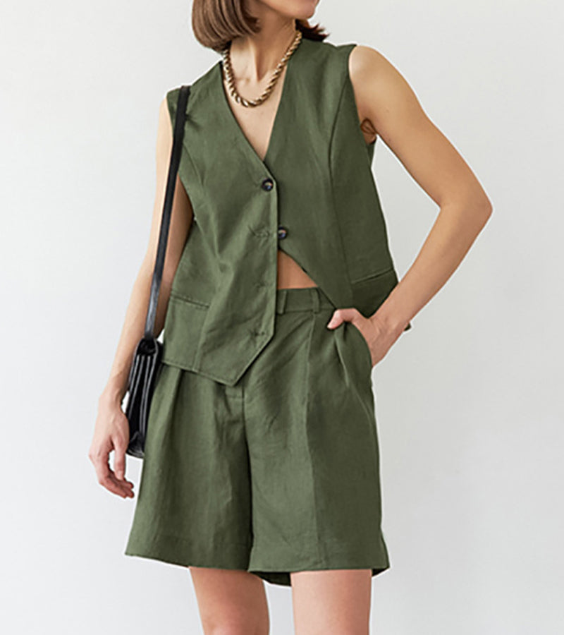 Ensemble deux pièces gilet et pantalon large vert 