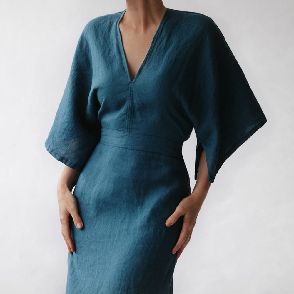 Elegant Ink Blue Linen Dress