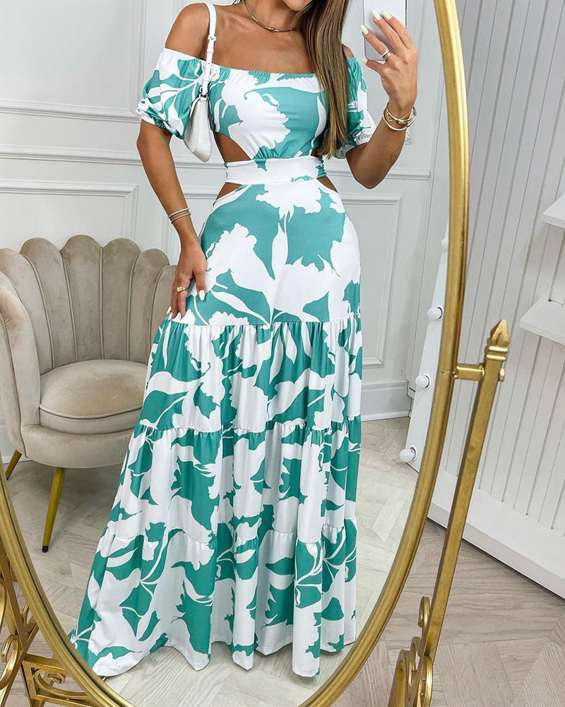 Off-the-shoulder Printed Cutout Maxi Dress