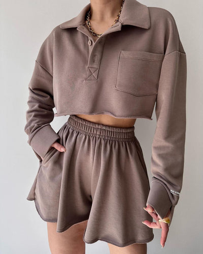 Short Casual Cardigan Top Drawstring Shorts Suit