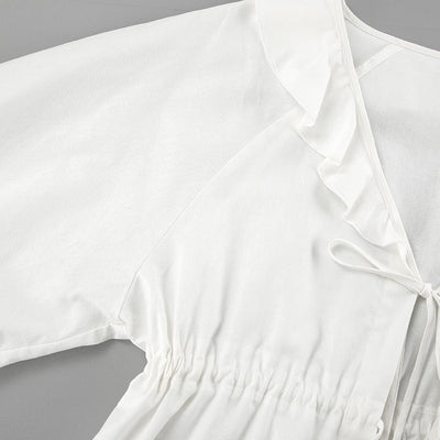 Qute White Lantern Sleeves V-neck Top Shorts Suit