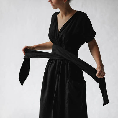 Women's Fashion V Neck Belt High Waist Short Sleeves Cotton- Linen Dress