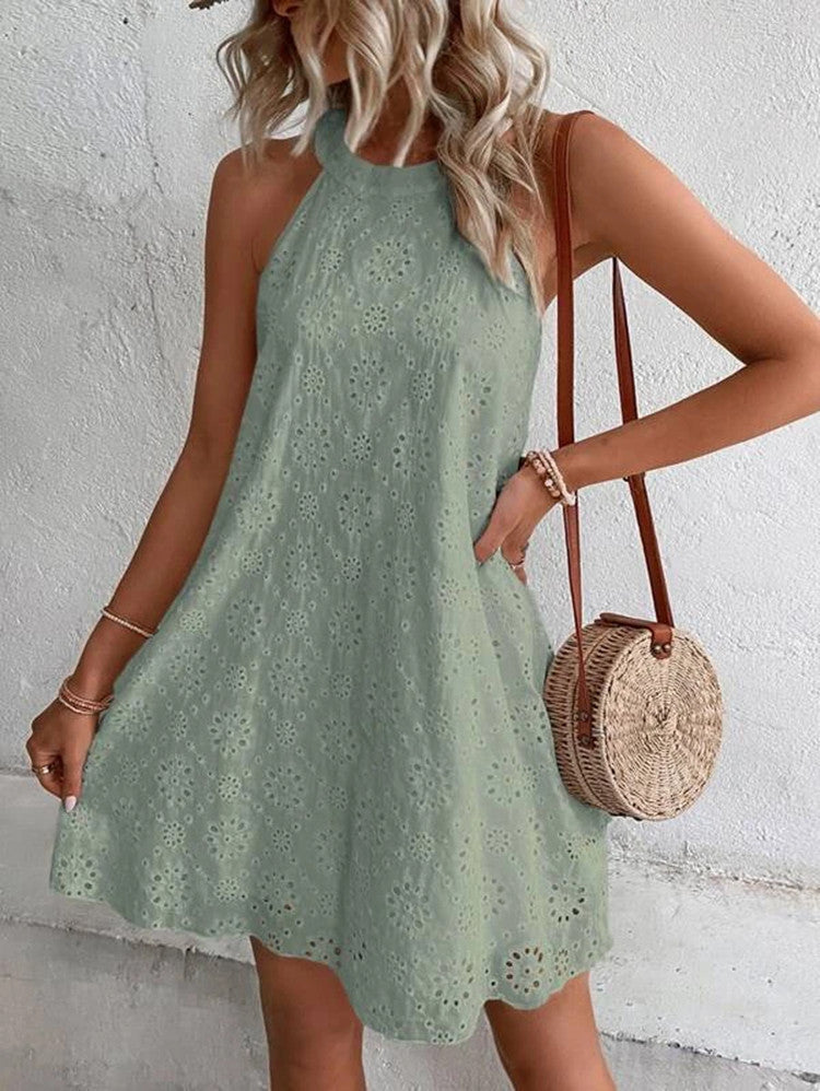 Cotton Embroideried Hollow Out Mini Dress