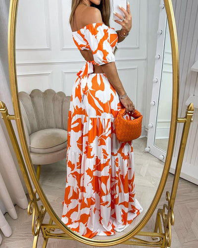 Off-the-shoulder Printed Cutout Maxi Dress