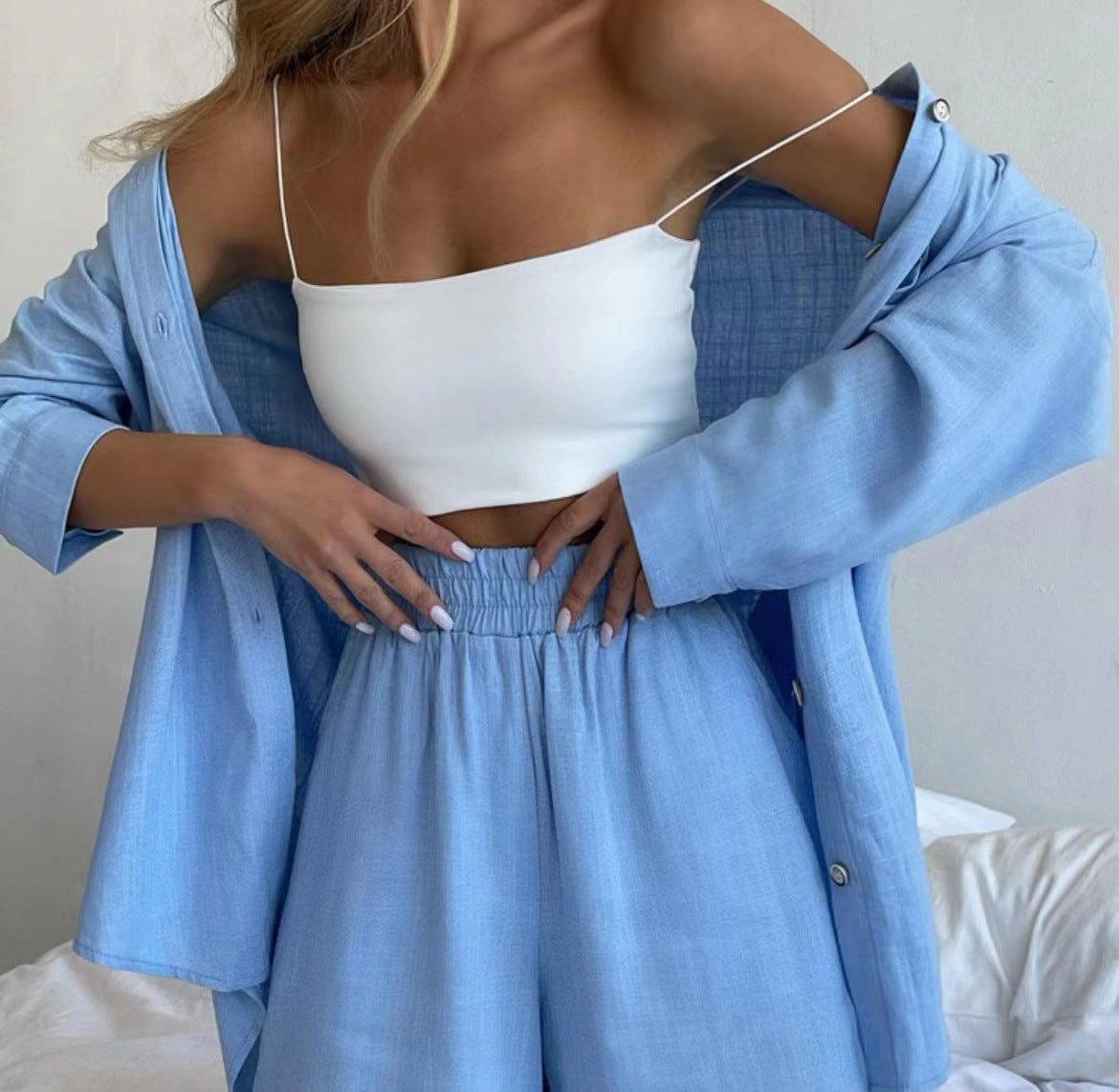 Fashion Solid Color Long Sleeves Shirt Loose Shorts Suit