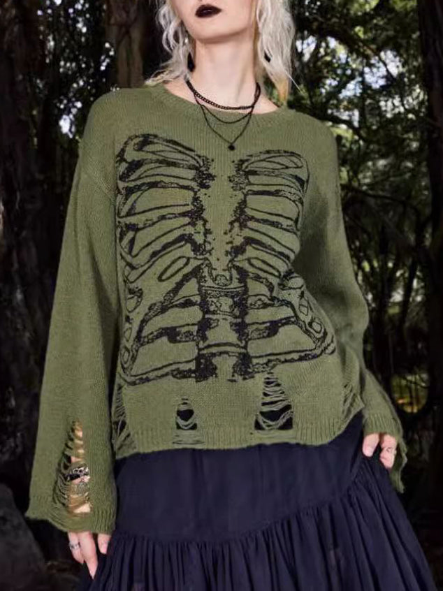 Halloween Skeleton Dark Style Ripped Long Sleeve Sweater