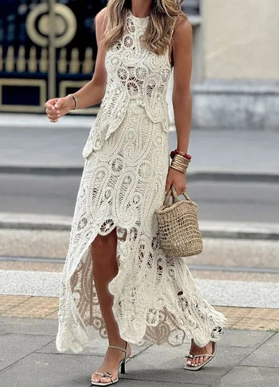 Elegant Crochet Hollow Lace Skirt Set