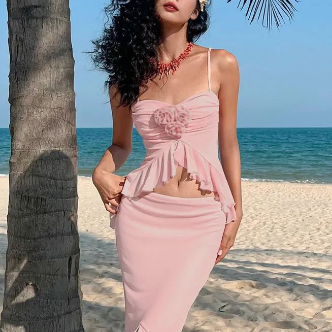 Pleated Midriff Halter Slim-Fit Slit Skirt Sets