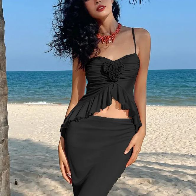 Pleated Midriff Halter Slim-Fit Slit Skirt Sets