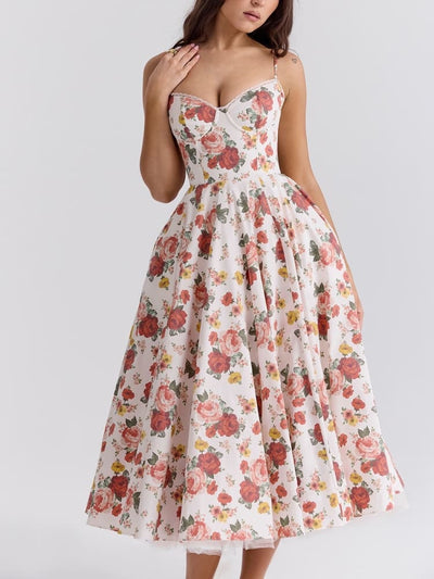 Italian Rose Print Tulle Midi Dress