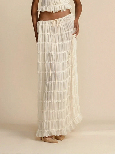 Charm Pleated Drawstring Waist Tiered Maxi Skirt