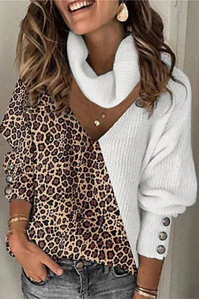 Leopard Print Color Matching Elegant Hollow V High Neck Loose Knit Sweater