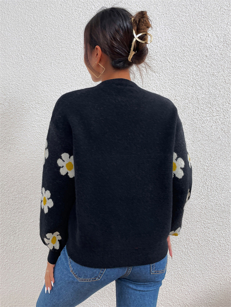 Jacquard-Strickpullover mit Blumenmuster und Rundhalsausschnitt für Damen