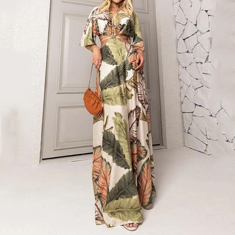 Casual Leaves Printing Maxi Dress