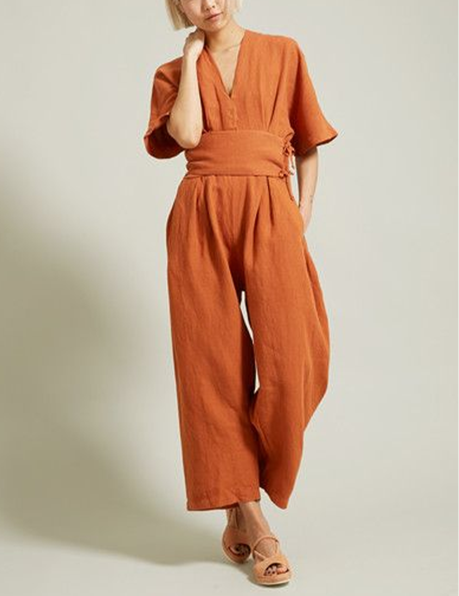 Vintage-Jumpsuit aus Leinen mit Gürtel 