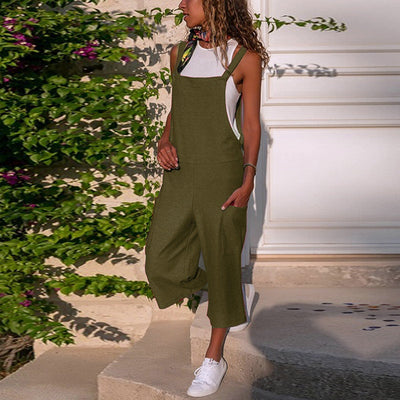 Cotton Linen Casual Loose Suspender Jumpsuit