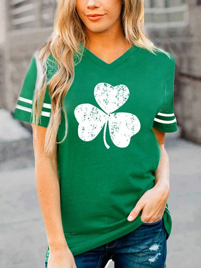 T-shirt décontracté à col en V imprimé Shamrock pour femmes 